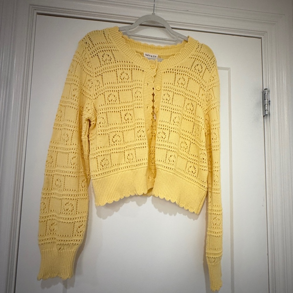 Faith & Zoe Soft Yellow Openwork Knit Cardigan